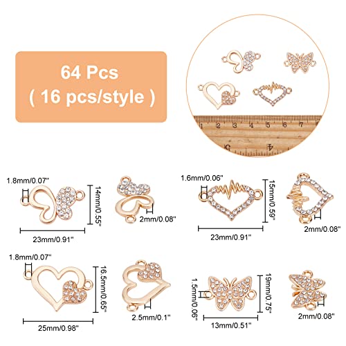 SUPERFINDINGS 64pcs 4 Styles Butterfly Heart Rhinestone Diamond Connectors Alloy Links Connectors Golden Butterfly 2-Holes Charms Links for DIY Crafting Jewelry Making - Image 2