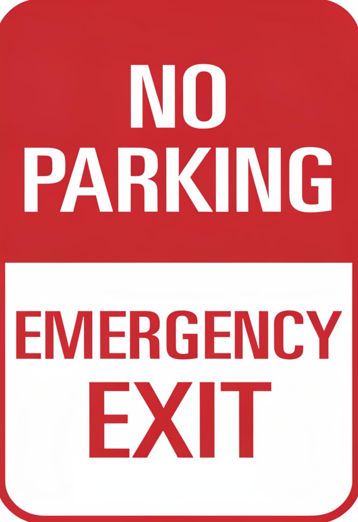 peiyeety No Parking Emergency Exit Tin Sign 12x8 Inch, Red & White Metal Wall Decor Plaque, Bold Safety Notice Sign for Garage Driveway Business, Easy Hang Rustic Industrial Decor Gift