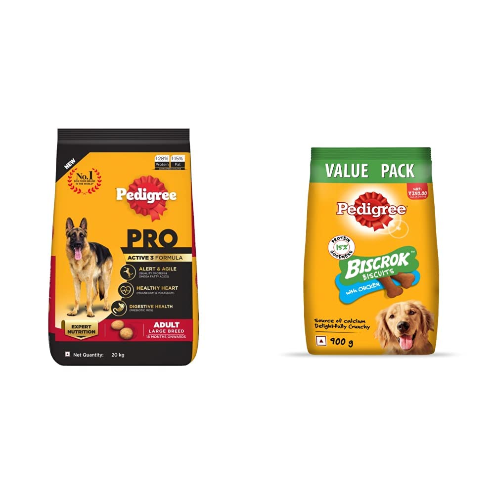 Pedigree PRO Expert Nutrition Active Adult Large Breed Dog (18 Months Onwards) 20kg Pack & All Life Stages Biscrok Dry Dog Biscuits (Above 4 Months), Chicken Flavor, 900g Pack (B0B8Z944KQ) Amazon Price History, Amazon Price Tracker