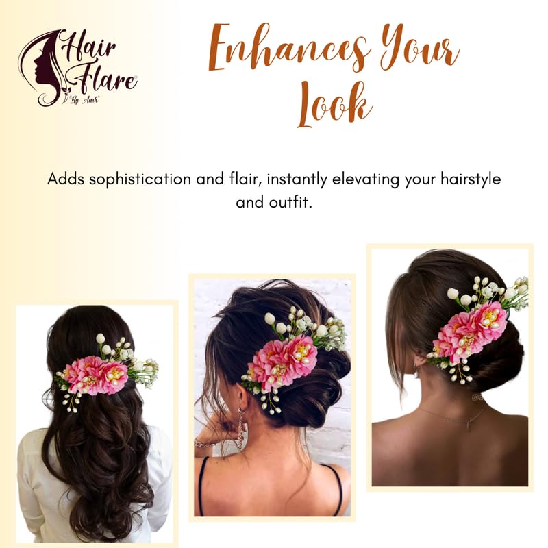 Image of Hair Flare Comb Slide for Women, Girls Artificial Flower Hair Accessories, Bridal Hair Pin for Bun, 2215 - Baby Pink