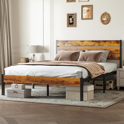 Image of OLIXIS Queen Platform Bed Frame with Wooden Headboard and Footboard, Heavy Duty Metal Slat Mattress Base, 800 LBS Weight Capacity, Sturdy Stable Structure, No Box Spring Needed, Quick Simple Assembly