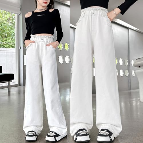 Girl's Baggy Jeans Elastic Waist Pull On Denim Pants Raw Hem Straight Loose Jeans for Teen Girls 6-12Y3