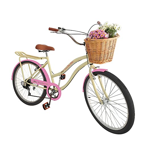Bicicleta Aro 26 Retrô Vintage Feminina Cesta Vime Bege Rosa