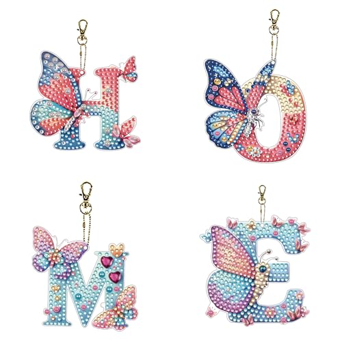 ダイヤモンドアートペインティング バタフライレターキーホルダーキット、DIY吊り下げペンダント 吊り下げバッグキー(両面ドリル加工)-HOME