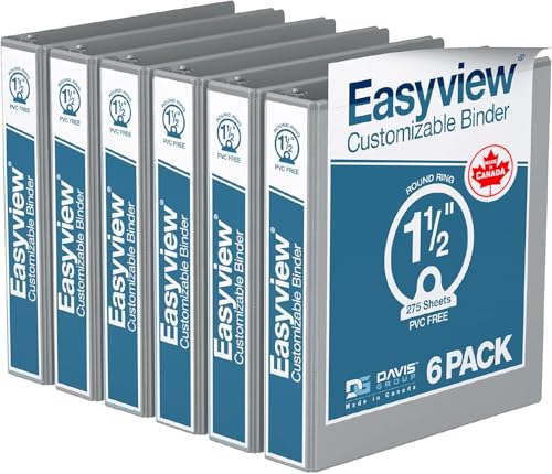 Image of Easyview 3-Ring Binder, Clear-View Cover, 1.5 inch Round Rings, Gray, 6 Pack | Heavy-duty binder, fits 8.5 inch x 11 inch paper, customizable cover, made in Canada, ideal for school or office use