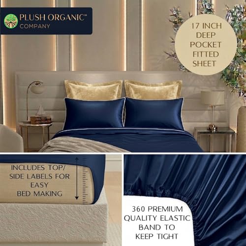 Image of Queen Luxury 4 Piece Bedsheet Set, Navy with White Piping, Cooling Resort Bedding, Deep Pockets, Ultra Soft, Viscose derived from Bamboo, Organically Grown, 300 Thread Count