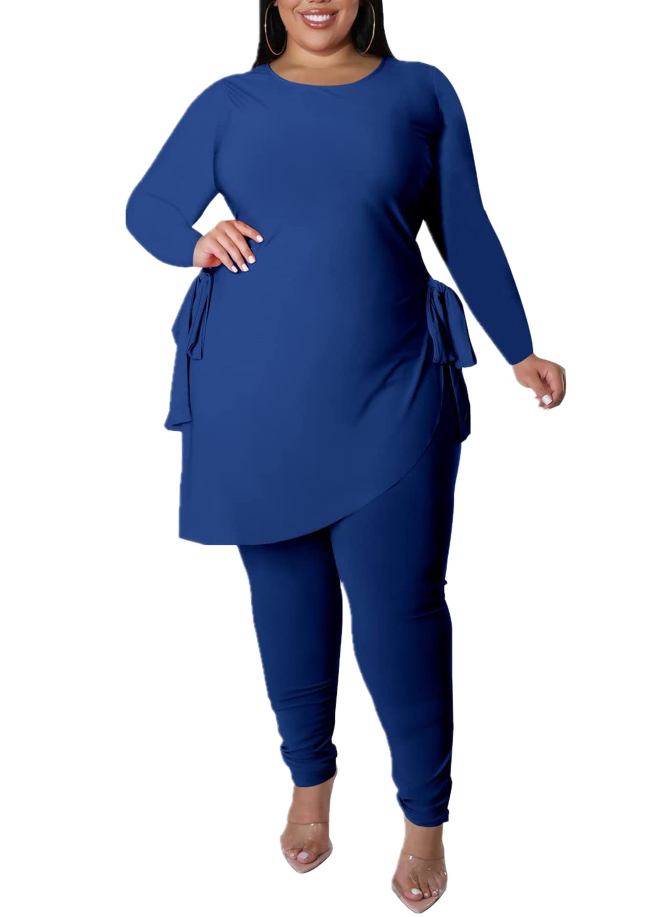 MRSFITOK Plus Size 2 Piece Outfits for Women Pants Sets Sexy Elegant Long Sleeve Split Shirt Bodycon Casual tracksuits