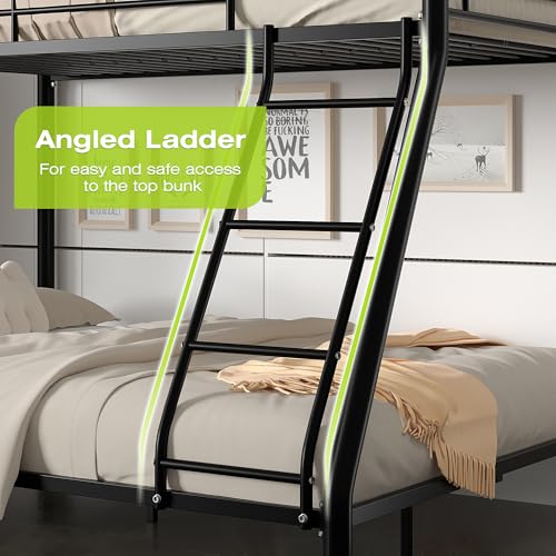Image of VECELO Bunk Bed Twin Over Full, Metal Bunkbeds with Ladder and Full-Length Guardrail, No Box Spring Needed, Space Saving, Noise Free, Black