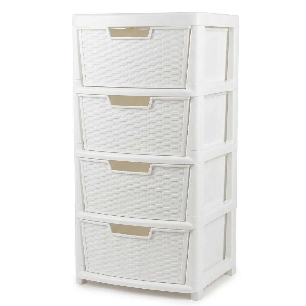 Kaanco Large Plastic Storage Drawers Rattan Effect Storage Unit Tower Space Saving Plastic Drawers for Bedroom Office Kitchen Laundry Bathroom Clothes Toy Home Organisation (4 Tier Rattan White)