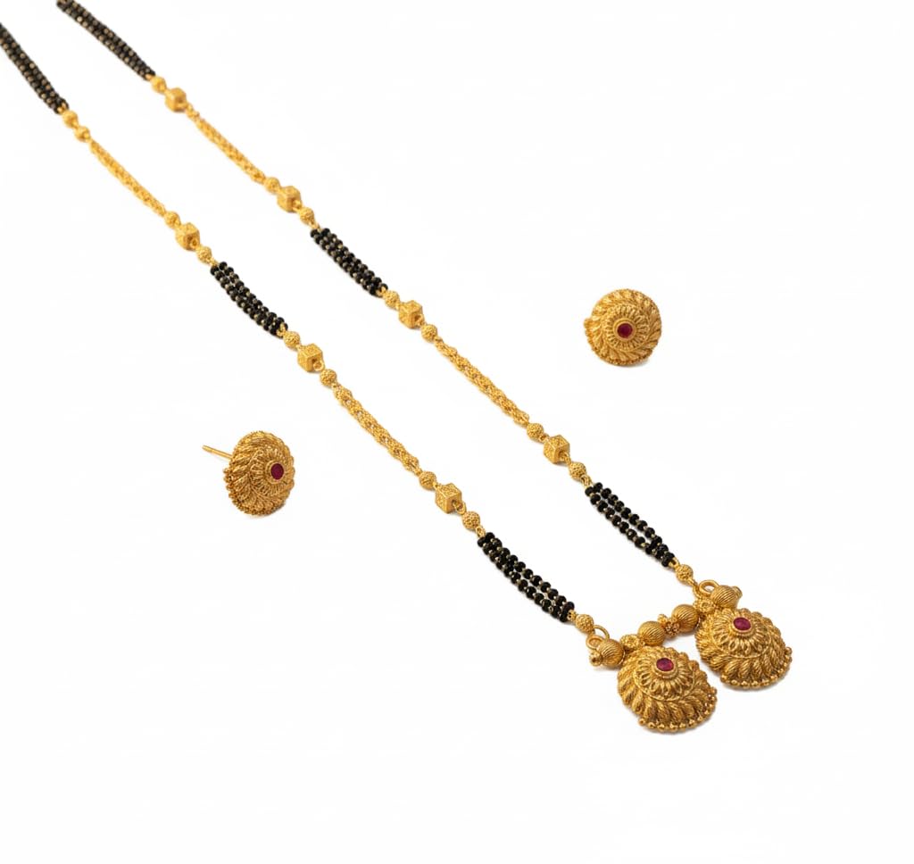 Traditional Maharashtrian 36 Inch Long Mangalsutra with Round Pendant & Floral Stud Earrings | Antique Gold Plated Chain Stylish Jewelry for Women & Girls Mangal Sutra