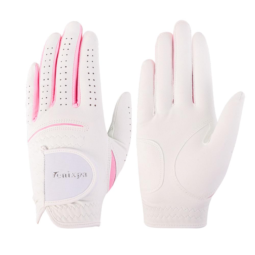 Tenixpa Women’s Ladies Golf Gloves Left and Right Hand Fabric Sport Gloves 2-Pack,Fit Woman Girl,Small Medium Large XL Comfortable Breathable Fitting A Pair (White and Pink, Medium(Size#20 a Pair))