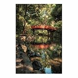CUDAOO Panorama Bilder auf Leinwand Brücke Die Architektur Leinwandbild Ruhige rote Brücke Schlafzimmer Küche Deko Wandbilder Dekoration Wohnzimmer(Grün)-60x80cm Ungerahmt