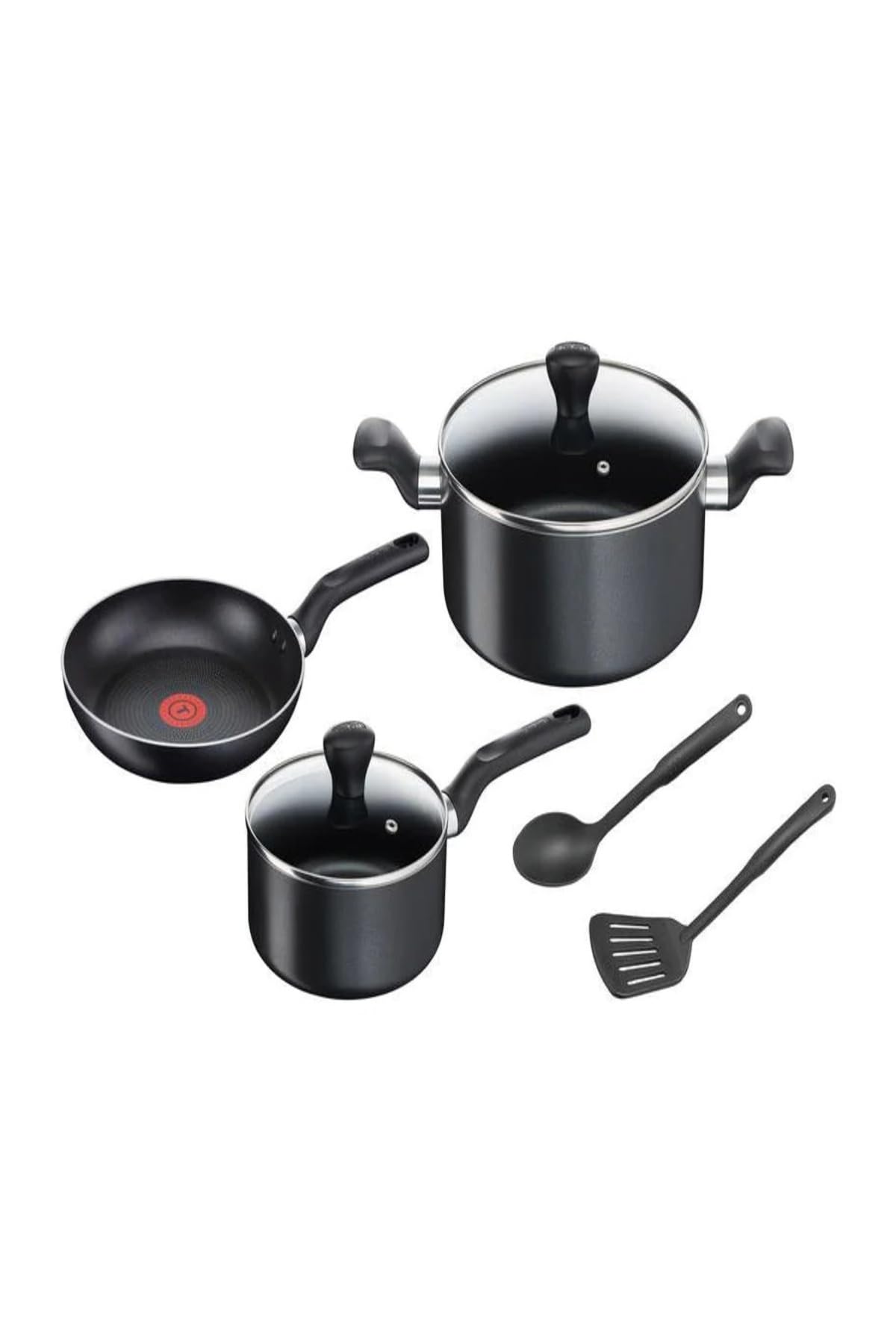TEFAL Batterie de cuisine 7 pièces | Super Cook | Poêle à frire 24 cm/casserole 18 cm + couvercle/faitout 24 cm + couvercle/cuillère/spatule ajourée | antiadhésif avec signal thermique | Aluminium |
