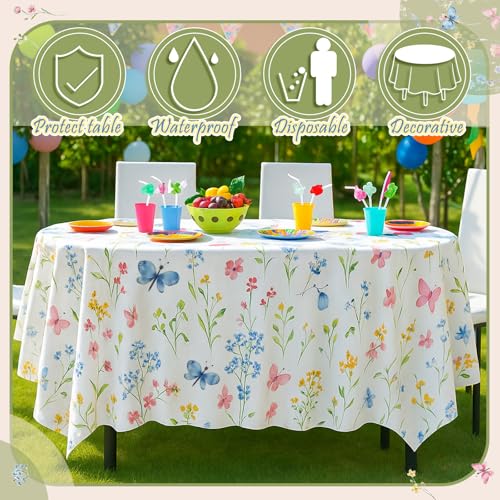 Image of Ganeen 6 Pcs Wildflower Plastic Tablecloth 84 Inch Spring Round Tablecloths Floral Theme Birthday Decor Disposable Plastic Round Waterproof Table Covers for Holiday Weeding Tea Decoration Party Favor