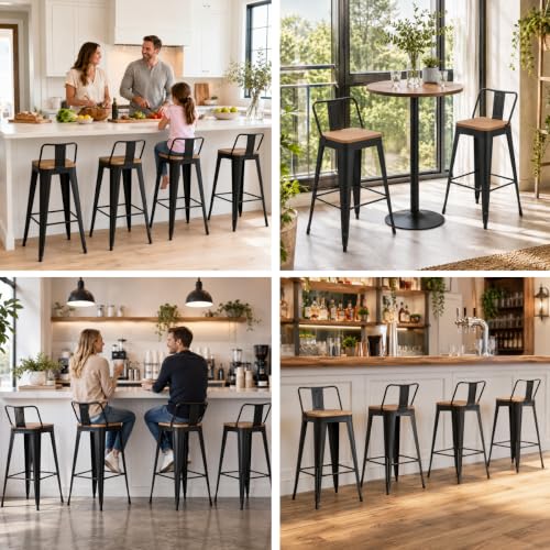 Image of Yongchuang 24 inch Metal Barstools Set of 4 Counter Bar Stools with Wood Top Low Back Matte Black | kitchen Stools Black Low Back Bar Stools with Wood Seat Modern Farmhouse Counter Stools Island Chairs 330LBS Weight Capacity