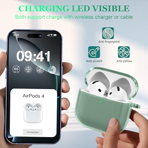 Image of for AirPods 4th Generation Case Cover 2024, Military-Grade Shockproof, Soft TPU Highly Transparent Anti-Yellowing for AirPods 4 Case with Cleaning Kit & Cute Round Buckle, Clear Green