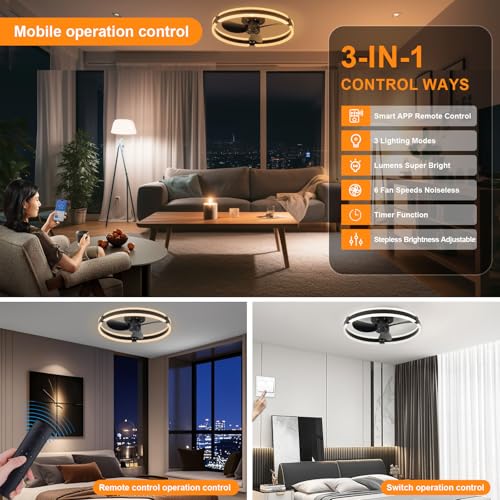 Ppeng 50cm Modern Ceiling Fan with Lights and Remote,Smart App Control,Dimmable LED Lighting，Reversible Fan,6 Quiet Speeds,Bedroom Living Room Wall Ceiling Plug-in Lamp (Black) - Image 2