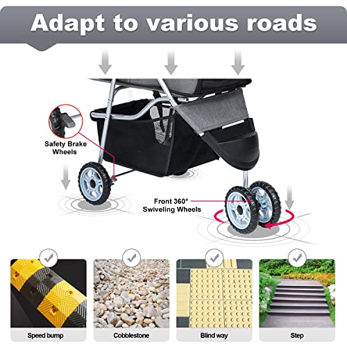 BestPet Pet Stroller Dog Cat Jogger Stroller for Medium Small Dogs Cats Folding Lightweight Travel Stroller with Cup Holder (Grey, 3 Wheels)