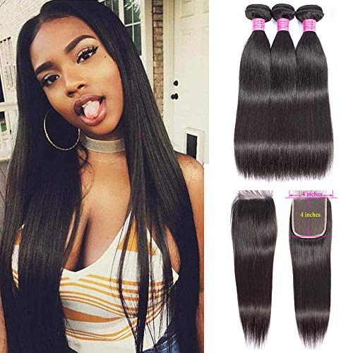 ALIANNA Straight Hair Bundles with Closure (20 22 24 with 18 inch) 100% Brazilian Straight Human Hair 3 Bundles with Lace Closure Free Part Virgin Hair Weave Natural Color