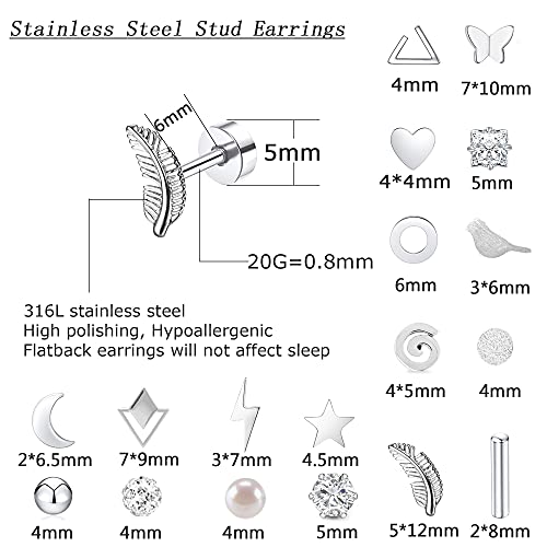 MJust 18 Pairs Women‘s Hypoallergenic Flat Back Stud Earrings, 20g Stainless Steel Earrings Sets for Men, Tiny Unisex Screw Back Cartilage Earrings.2