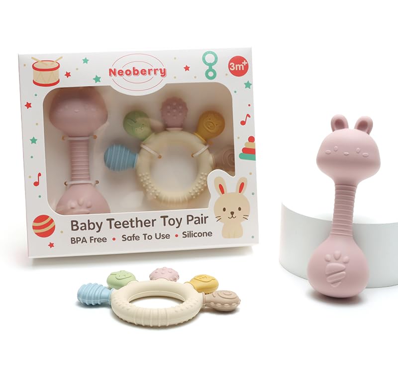 Baby Teether and Rattle Toy Set, BPA-Free, Food-Grade Silicone, Easy-Grip Teething Rattle for Babies, Soothing Teething Toy, Infant Sensory Toy for 3-24 Months (Cat)