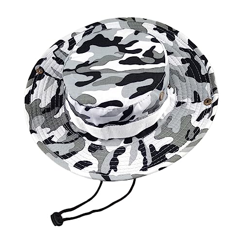 Bucket Hat Camo Hunting Wide Brim Canvas Sun Fishing Outdoor Unisex Men Cap Boonie Hats Military Summer (Sky Blue White)