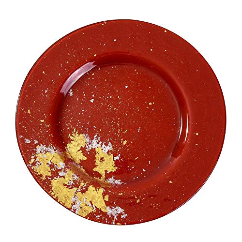 Syosaku Japanese Urushi Glass Dinner Plate Φ12.5-inch Vermilion with Gold Leaf, Dishwasher Safe, Dinner 12.5-inch (32cm)