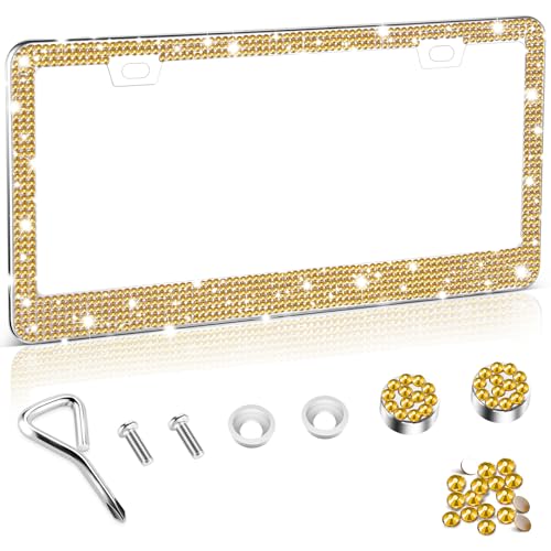 Image of Amiss Bling License Plate Frame for Women, 1Pack Rhinestone Handcrafted Crystal Premium Stainless Steel, Stainless Steel Car Decorative Accessories with Diamond Sparkle Glitter Caps (Gold)