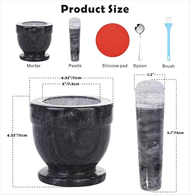 Mortar and Pestle Marble Set for Spices Pestos Seasonings Pastes Guacamole Bowl Herb Grinder Easy to Clean Included:Silicone Mat,Brush,Stainless Steel Spoon 4.33inch(Small,Black Gray)