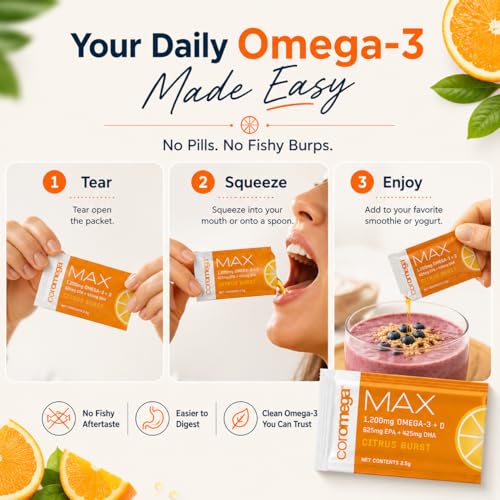Image of Coromega - MAX Omega-3 Fish Oil + Vitamin D - 30 Packets - Citrus Burst | 2400mg Omega-3s, Wild-Caught Fish Oil, 3X Better Absorption Than Softgels, No Fishy Taste, Daily Squeeze Packets