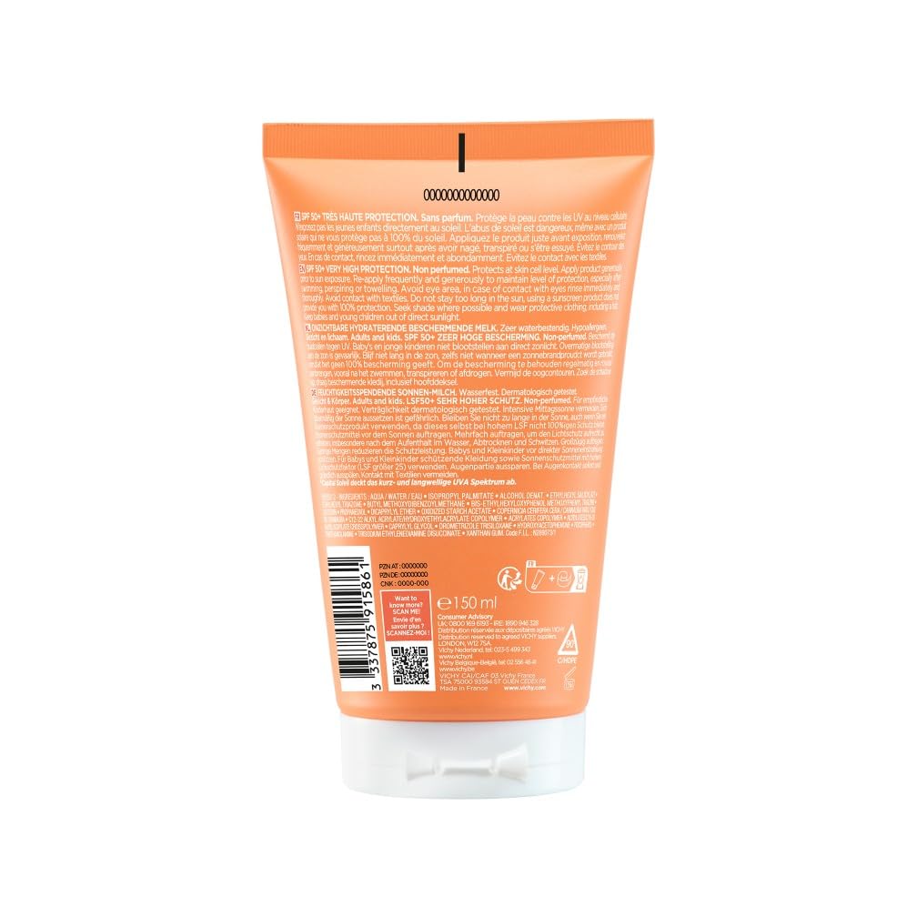 Vichy Capital Soleil, Latte Idratante Fresco SPF50+, Per Viso e Corpo, Protezione Molto Alta SPF50+ da Raggi UVA e UVB, Pelle Idratata Senza Aloni Bianchi, Con Acqua Vulcanica di Vichy, 150ml
