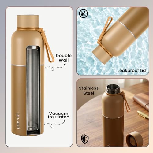 Image of Perch Water Bottle 1 LTR Stainless Steel | Crafted by Pexpo | Hot and Cold Flask | ISI Certified | Vacuum Insulated | Leak Proof Lid | for Office, School, Gym, Home & Travel | Zenith 1000ml | Brown