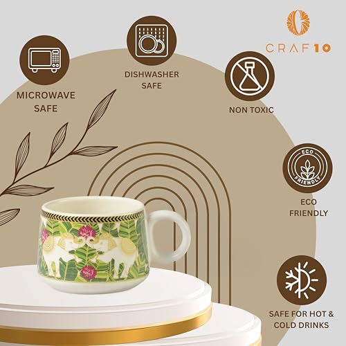 Image of CRAF10 Ceramic Handcrafted Royal Elephant Printed Tea Morning Set - 1 Kettle (1 Litre) & 6 Cups (160 ML) | Microwave & Dishwasher Safe | Teapot | Tea Sets with Kettle for Gifting