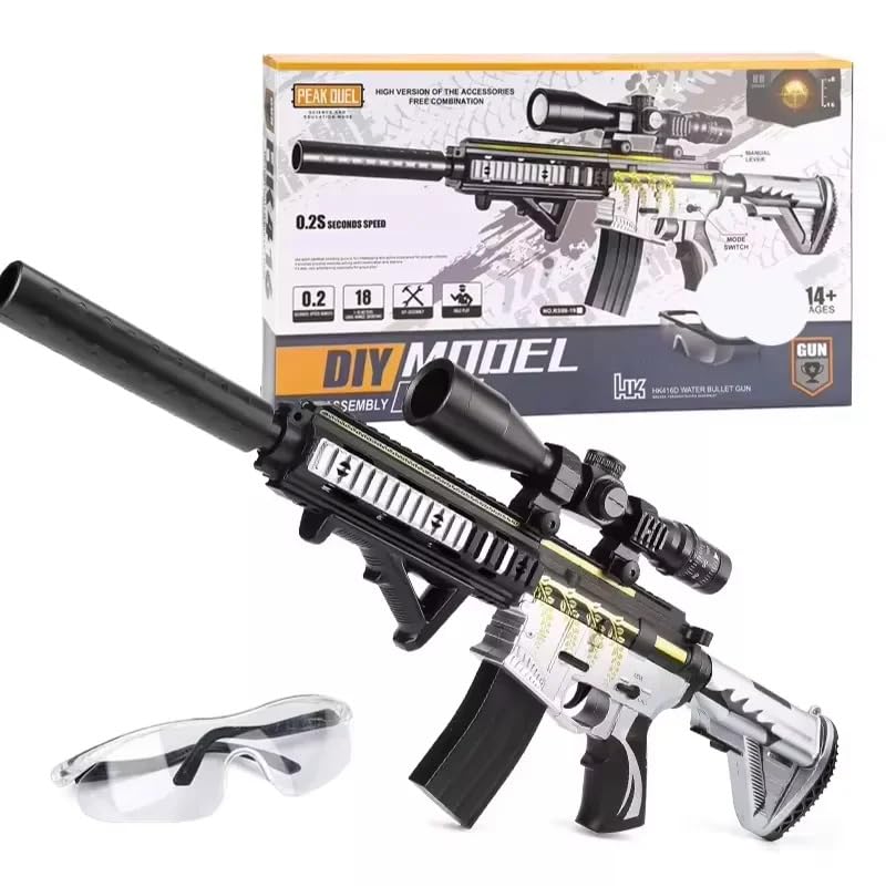 Electric Automatic Water Blaster With (3,000) Gel Soak Water Bullets, 18m Shooting Range, DIY Assembly Gun Aged 14+, HD Scope & Mode Switch. Gel Bullet Shooting, Outdoor Play & Summer Games. (SLIVER)