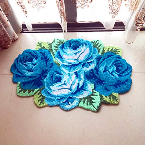 Abreeze 4 Rose Rug Floor Runner Handmade Rug Blue Floral Mats Anti-Slip(Non-Slip) Modern Carpet Washable Floor Mats For Bedroom/Sofa/Bathroom (4 Roses, Blue) #TOP1