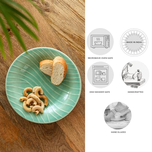 Image of ExclusiveLane 'Caribbean Green' Hand Glazed Ceramic Pasta Bowls /Plates (Microwave & Dishwasher Safe) | Hand-Etched Bowl for Serving Bowl /Plates for Kitchen Snacks Serving Bowl Ceramic Serveware