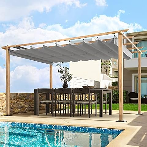 HAPPATIO 10' X 13' Wood-Grain Aluminum Pergola - Adjustable Sun Shade Canopy with Retractable Roof for Backyard, Deck, Patio, by The Pool（Gray） Cover