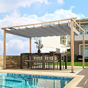 Happatio 10 x 13 wood grain aluminum pergola adjustable sun shade canopy with retractable roof for backyard deck patio by the poolgray  urban country home decor