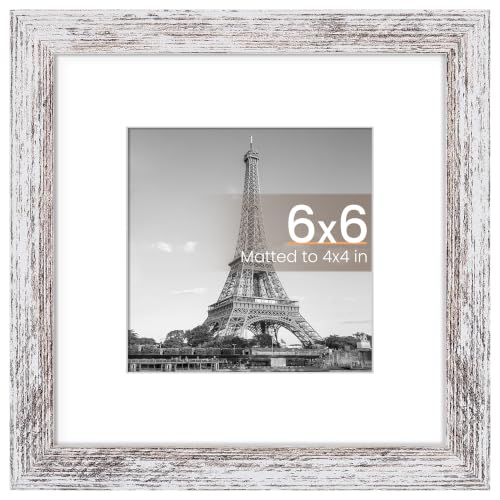 Image of upsimples 6x6 Picture Frame, Display Pictures 4x4 with Mat or 6 x 6 Without, Wall Hanging Square Frames, Rustic White, 1 Pack