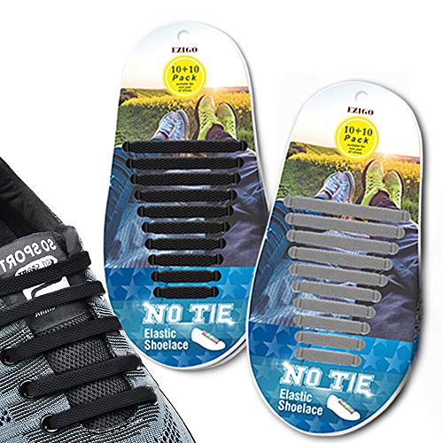 EZIGO Upgraded No Tie Shoelaces Widened Elastic Shoelaces for Adults/Kids Tieless Shoe Laces Waterproof Rubber Shoelaces for Sneakers Boots Casual Shoes [10+10 laces] Wide (a. Black+Gray)