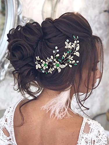IYOU Crystal Bridal Hair Vine Green Pearl Wedding Headband Rhinestone Beades Headpiece Brides Bridesmaid Hair Accessories for Women - Image 4