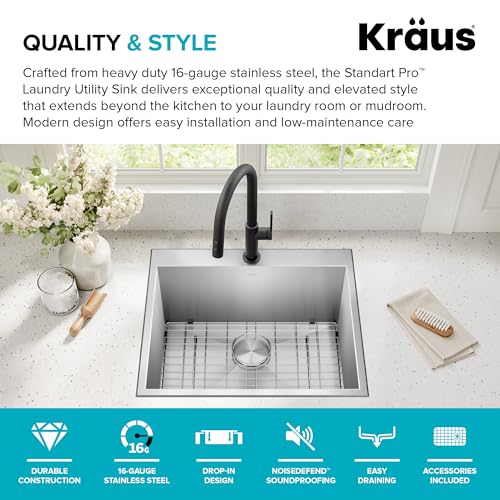 KRAUS Standart PRO 25-inch Drop-In Top Mount 16 Gauge Stainless Steel Single Bowl Laundry Utility Sink, KHT301-25L - image 4