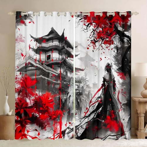 Loussiesd Cortinas de cerezo rojo para dormitorio, sala de estar, estilo japonés, cortinas opacas de oscurecimiento de tinta negra y blanca, tratamientos de ventana de arte abstracto, 2 paneles de 66