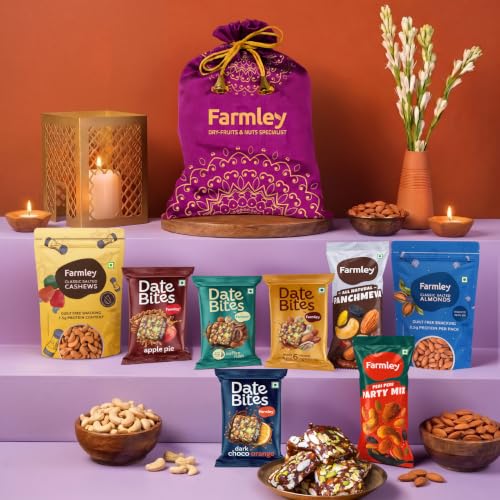 Image of Farmley Small Potli Gift Pack, Assorted Dry Fruit & Snack Gift Pack, Date Bites 80g, Panchmeva 30g, Peri-Peri Party Mix 35g, Roasted Almonds 40g, Roasted Cashews 36g, Assorted Snack Hamper, 221 gm