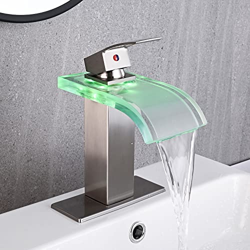 Avsiile Led Bathroom Sink Faucet, Brushed Nickel Waterfall Single Hole Handle Rv Bath Vanity Faucets For Sinks 1 Hole With Metal Pop Up Drain And 2 Water Supply Lines, Wide Glass Spout #TOP1