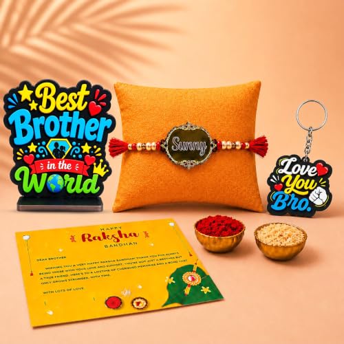 Image of SWAGSTATION Rakhi Combo for Brother, Evil Eye Rakhi with Guardian Bell Evil Eye Keychain, Love You Bro Fridge Magnet, Greeting Card & MDF Gift Box, Raksha Bandhan Gift Set