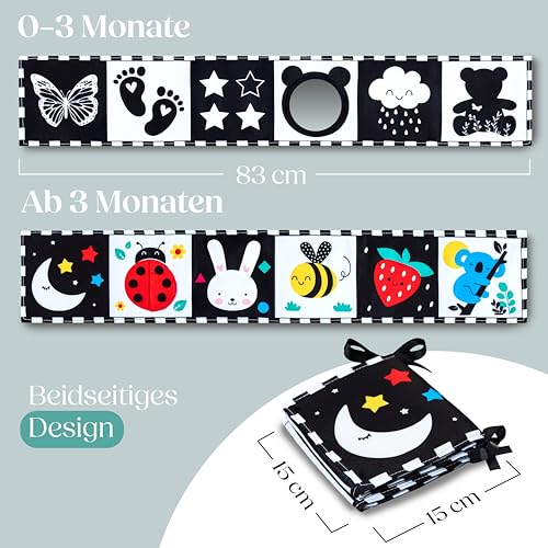 WELLODE Kontrastbuch Baby Mit Teddy Spiegel - Schwarz Weiß Doppelseitig Baby Stoffbuch - Kontrast Spielzeug Baby 0 3 6 12 Monate - Ideal für die Visuelle Entwicklung und die Bauchlage