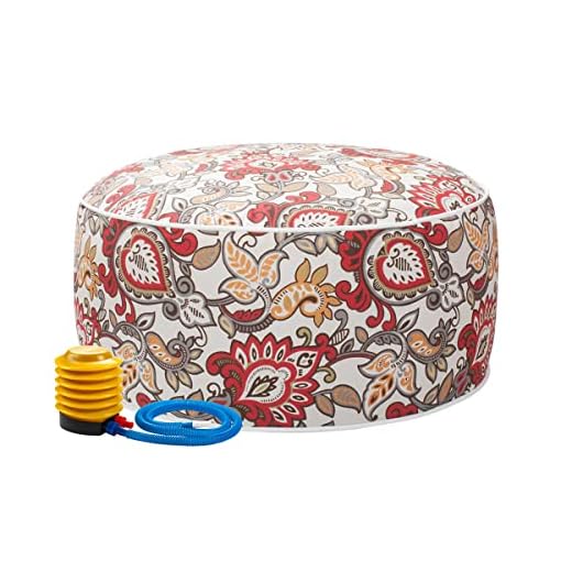 Uppblåsbar ottomansk fotpall Fotpall Dia51xH23 cm med bärbar handpump och förvaringsväska, Används för inomhus eller utomhus, camping, Blommig röd orange