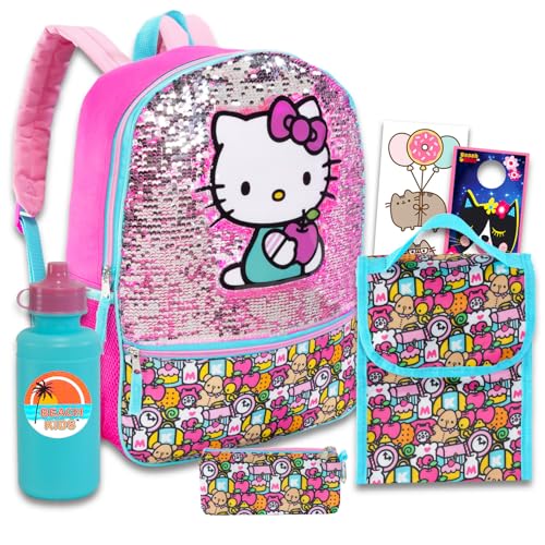 Hello Kitty Backpack with Lunch Box Set - Bundle with Deluxe Hello Kitty Backpack, Hello Kitty Lunch Bag, Water Bottle, Stickers, More | Hello Kitty Sequin Backpack for Girls