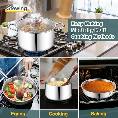 Image of P&P CHEF 3-Ply Stainless Steel Cookware Set of 6, 10-Pieces Pots and Pans Sets Stainless Steel for Kitchen, Induction Multi Cooktops & Oven, Dishwasher Safe, Frying Pans, Saucepans, Saute Pan & Pot